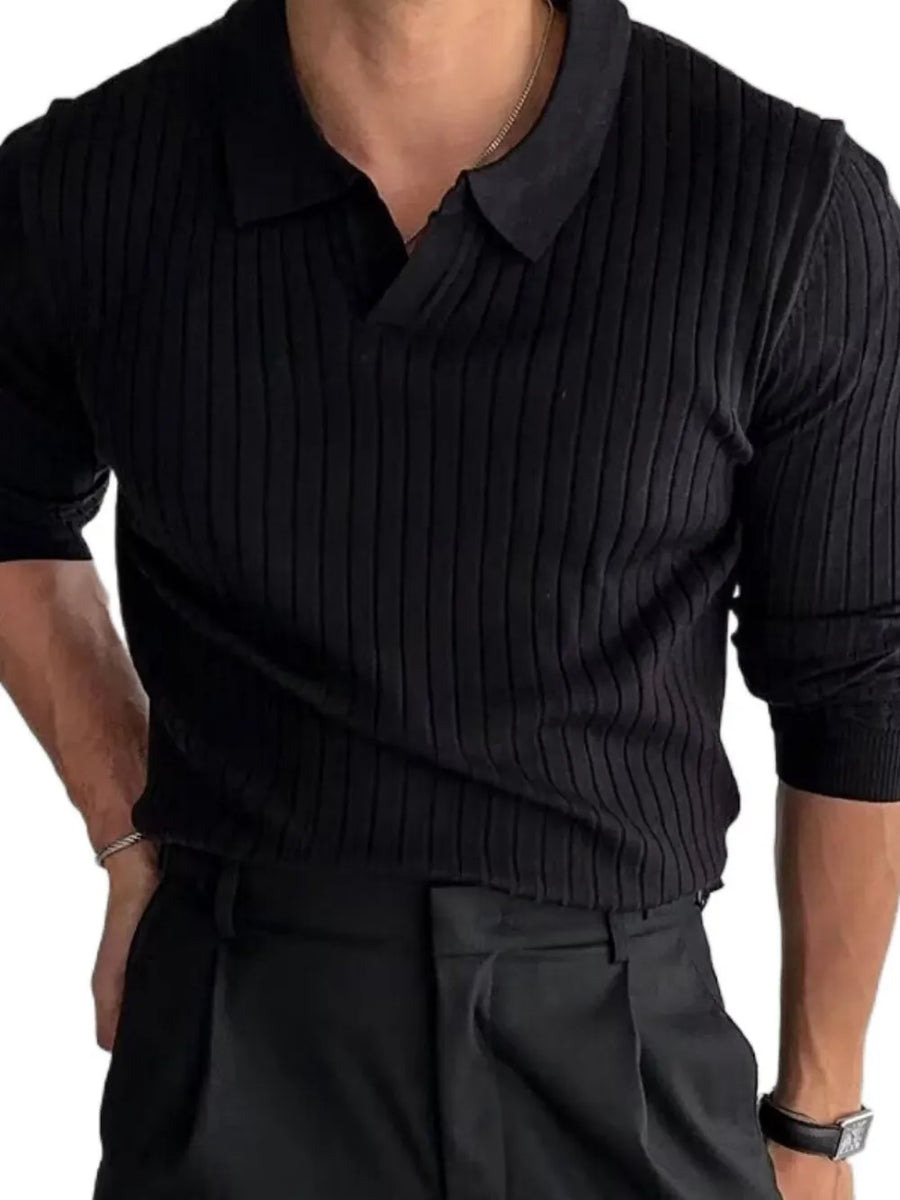 Black ribbed knit polo shirt with a spread collar and three-quarter sleeves.