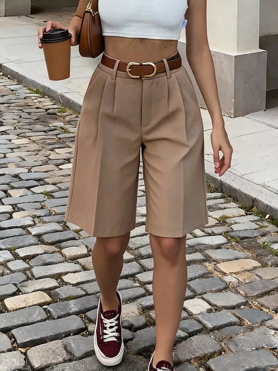 Khaki with High-waisted Pleated Shorts