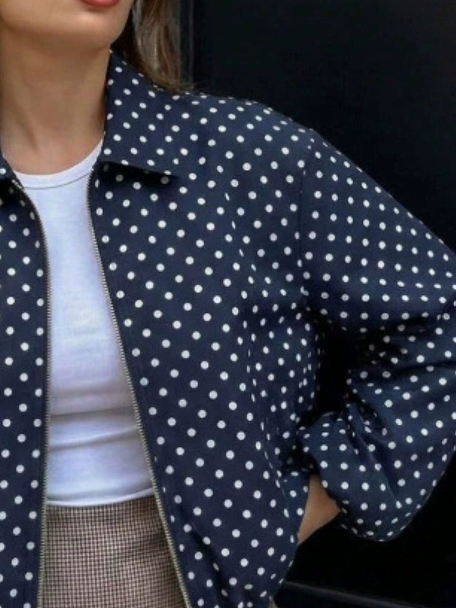Navy Blue zip-up jacket featuring collared and polka dot
