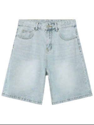Baggy light blue denim bermuda shorts with a washed effect and button fly.