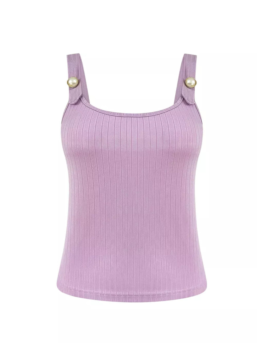 Lilac ribbed scoop tank top with pearl-embellished straps