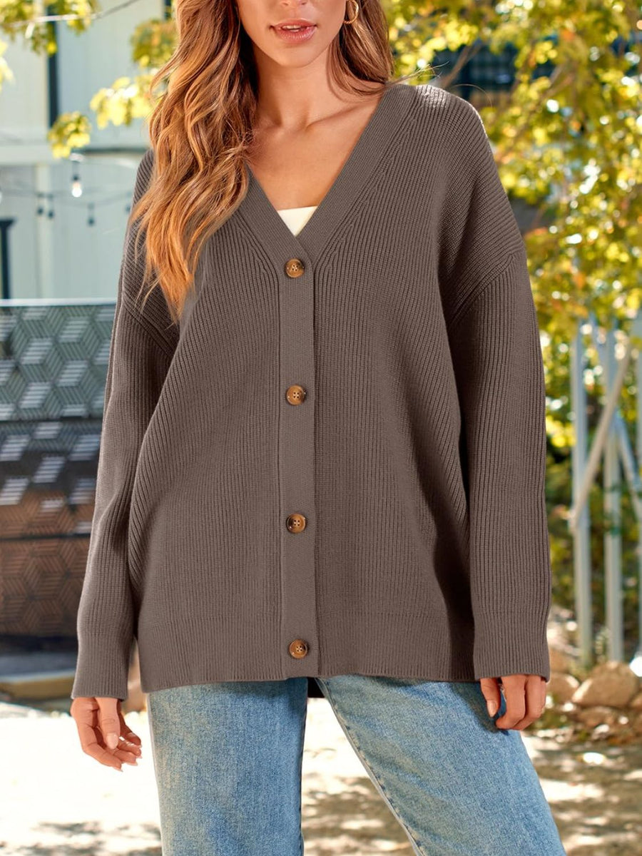 Oversized ribbed knit button-down cardigan in Coffee Brown with V-neck and wooden buttons.