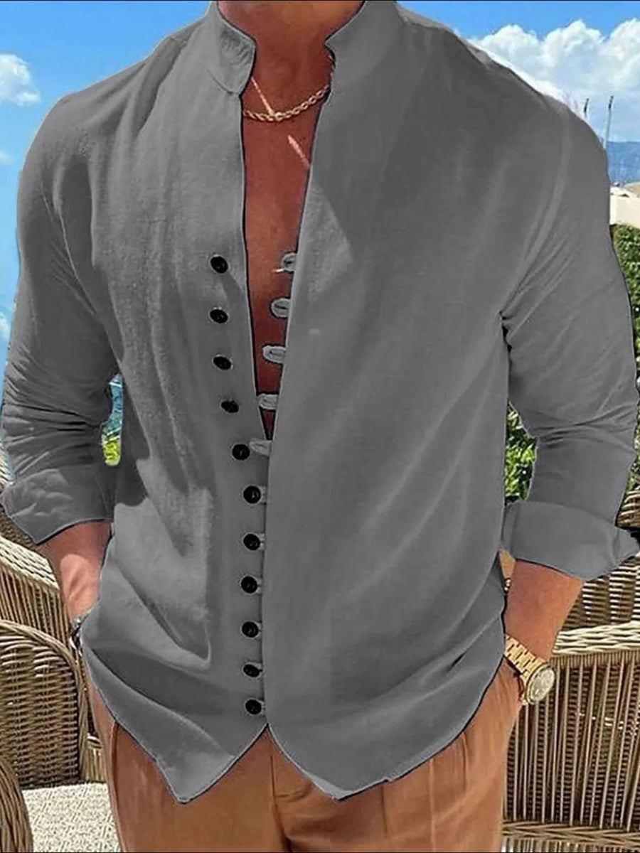 Dark Gray linen shirt with mandarin collar and button placket, long sleeves
