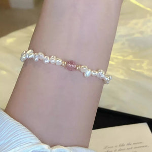 Synthetic Pearl, 18K Gold-Plated, 925 sterling silver, Crystal Care instructions bracelet in Blush Pink with fitted