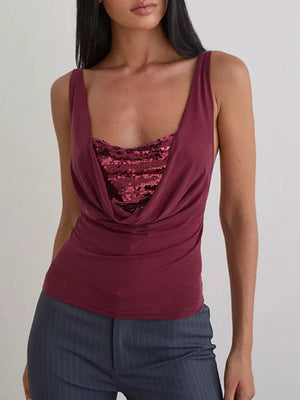Burgundy sequin ruched cowl neck tank top with a draped neckline.