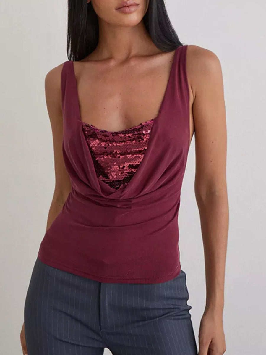 Burgundy sequin ruched cowl neck tank top with a draped neckline.