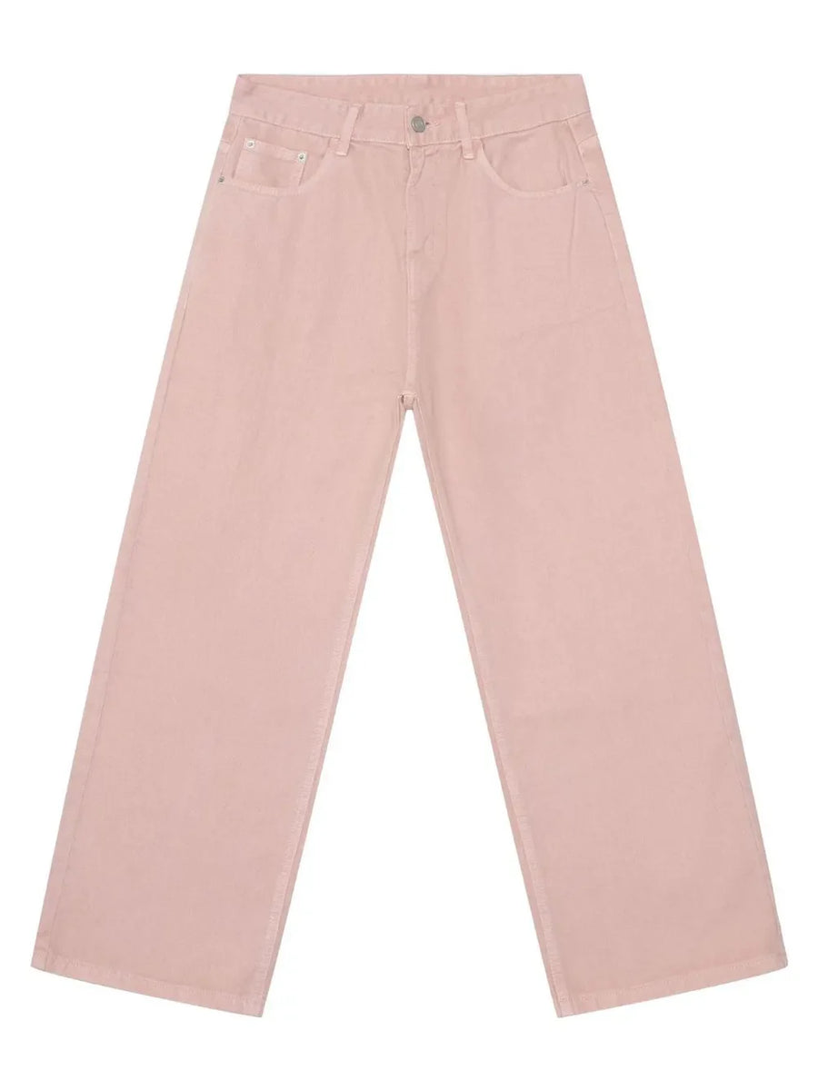 Flowing fit blush pink 100% cotton jeans with a casual straight leg cut.