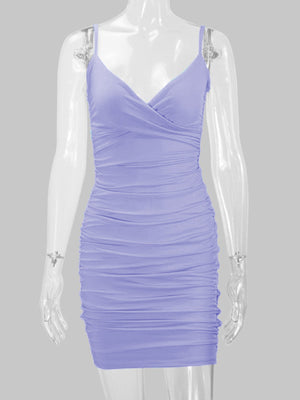 V-Neck Mini Ruched Dress in White