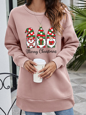 Dusty Pink tunic sweatshirt with Merry Christmas gnome graphic, crewneck, long sleeves, and pockets.