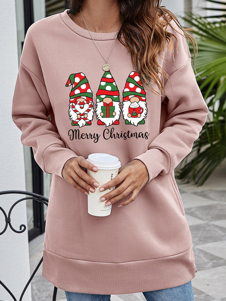 Dusty Pink tunic sweatshirt with Merry Christmas gnome graphic, crewneck, long sleeves, and pockets.