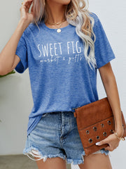 Cobalt Blue graphic t-shirt with white "Sweet Fig market & gifts" text, crew neck, short sleeves.