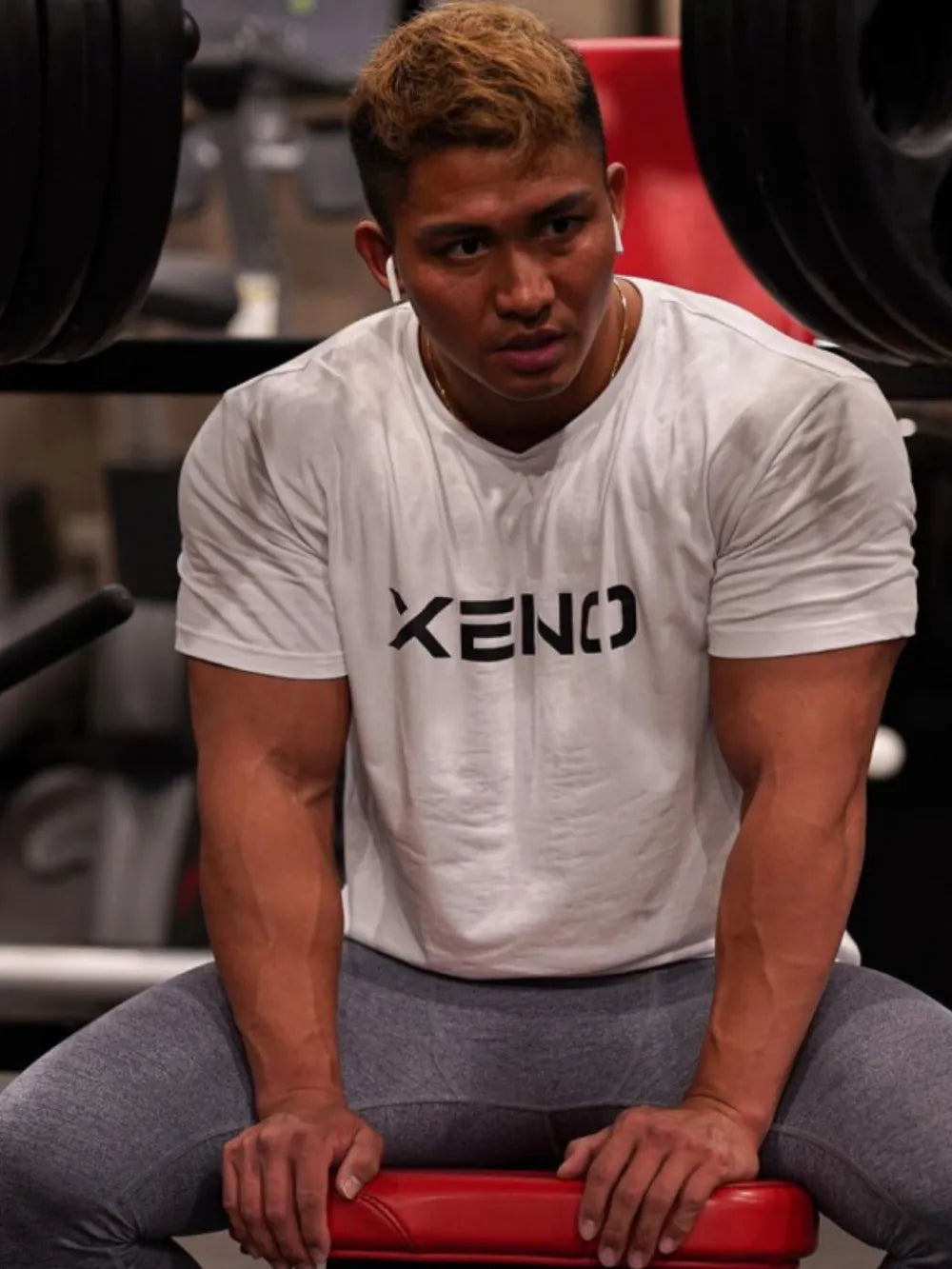 White XENO athletic fit t-shirt with bold black logo