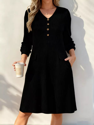 Burgundy Full Size Ribbed Knit V-neck Dress Plus Size