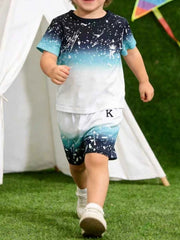 Toddler ombre splash print t-shirt and shorts set with white and blue gradient.