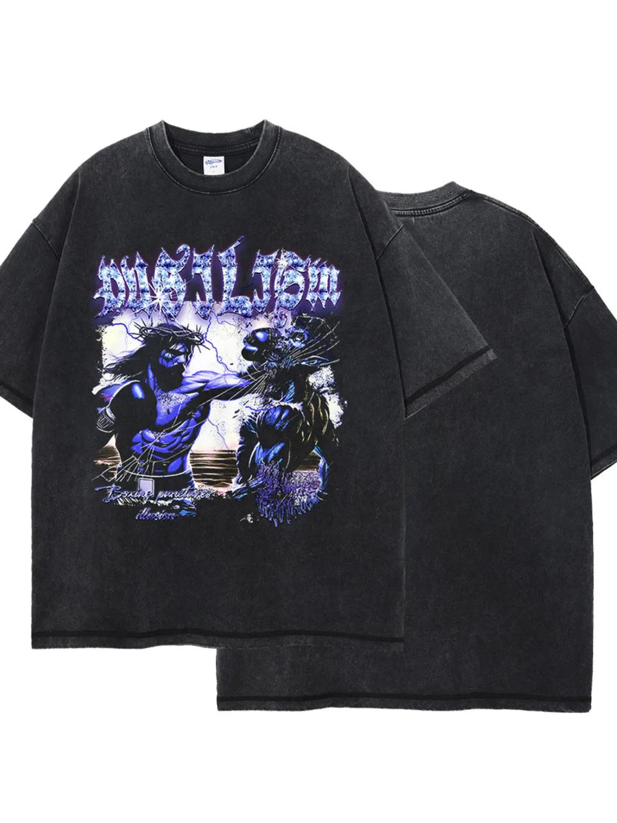Black graphic tee with half sleeves and a vintage wash, featuring a bold front print.