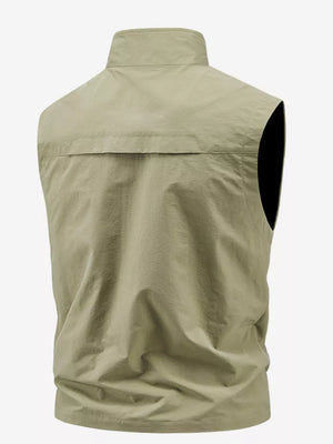 Khaki men's outdoor vest with stand collar and back yoke detail