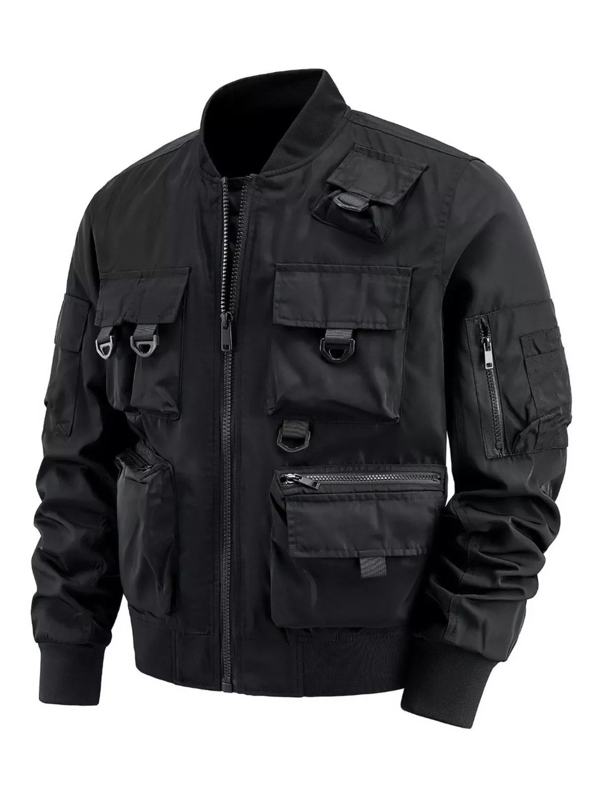 Black tactical bomber jacket with multiple zip and flap pockets and D-ring details.