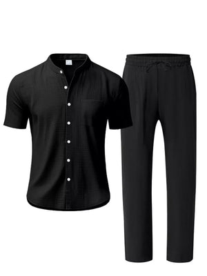 Men's Casual Button-up Short Sleeve Shirt And Pants Set in Black