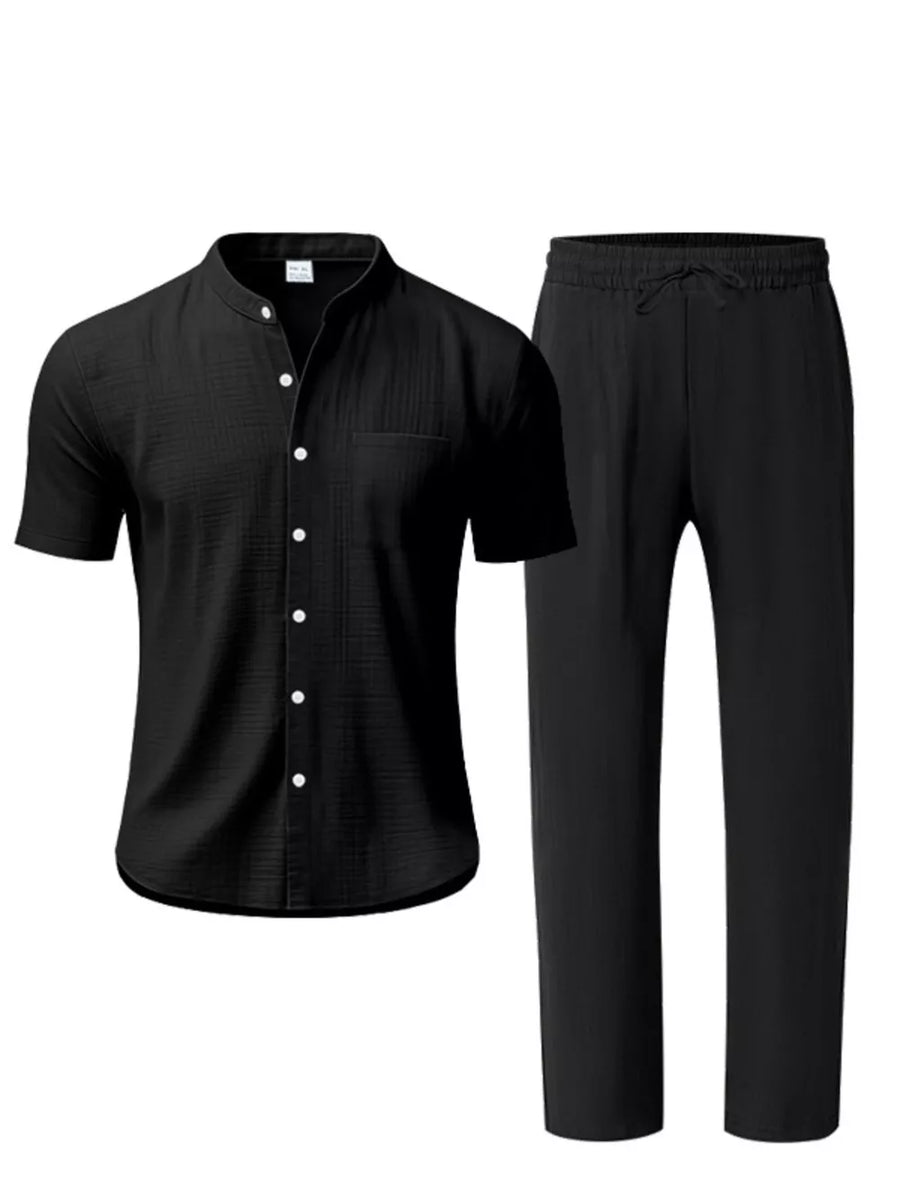 Men's Casual Button-up Short Sleeve Shirt And Pants Set in Black