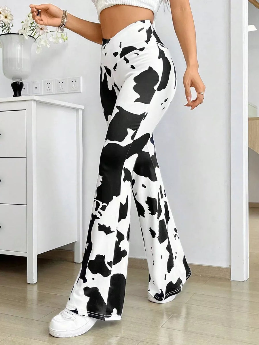 Black with Cow Print Flared Pants