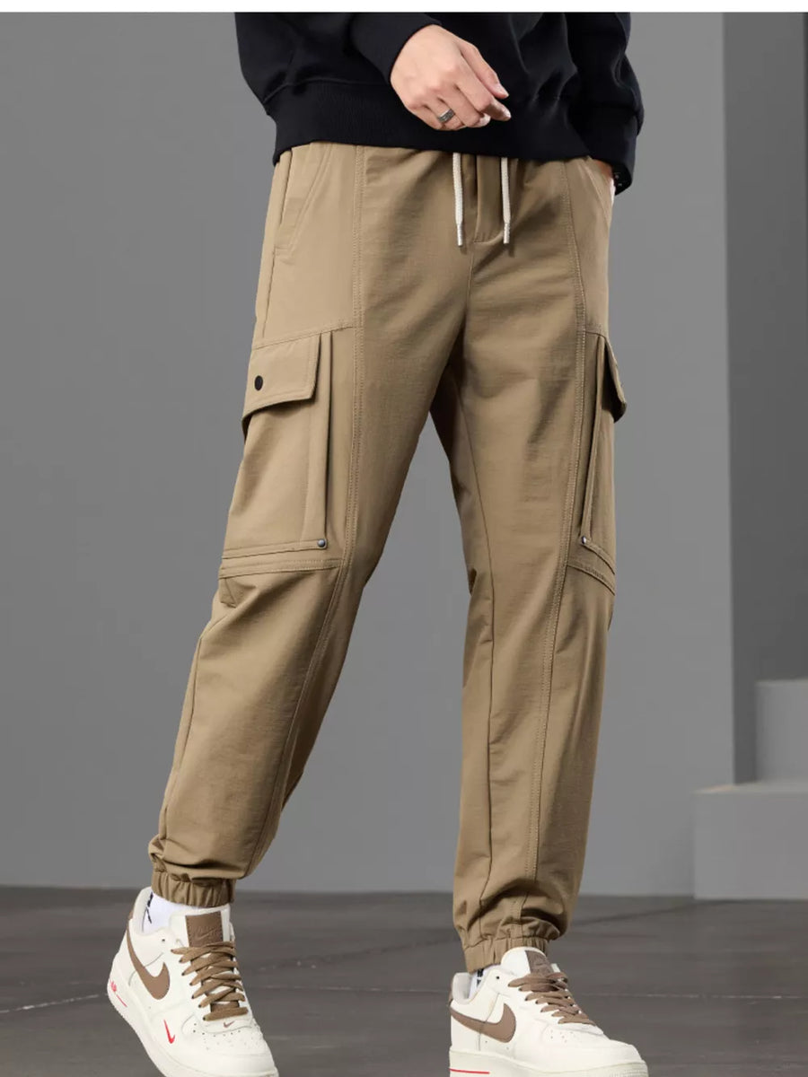 Black Men S Casual Cargo Pants With Drawstring Waist