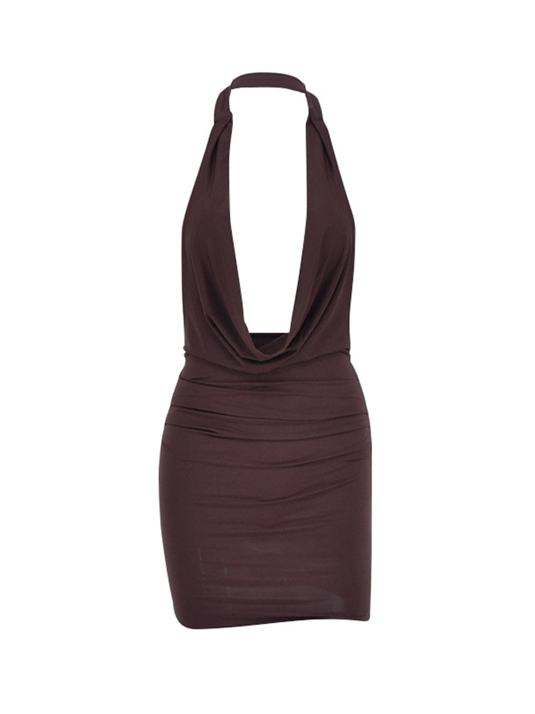 Dark brown ruched cowl neck mini dress with halter straps.