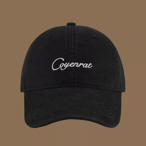 Black baseball cap with white embroidered script logo