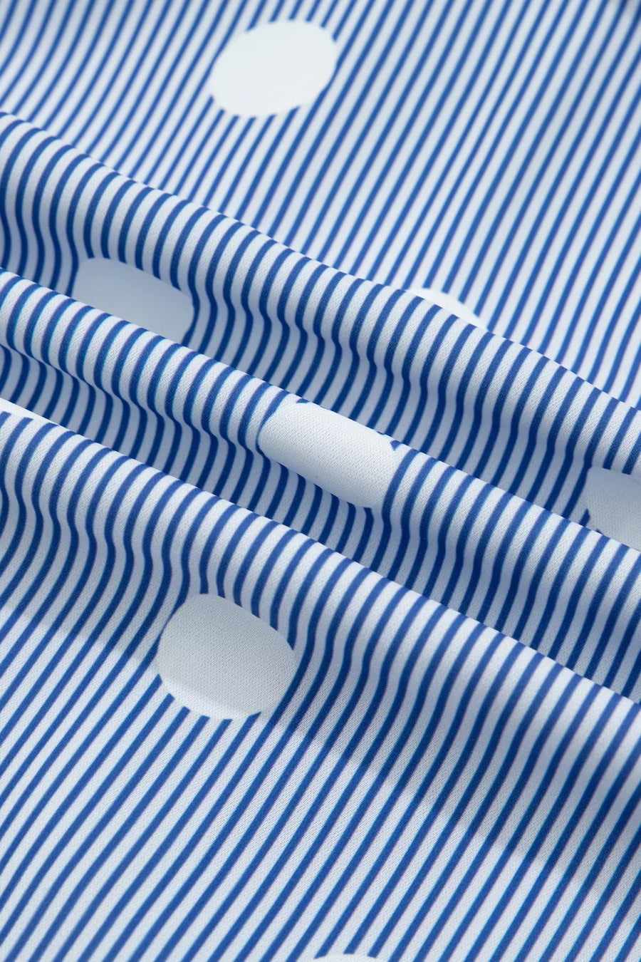 Blue and white striped polyester shirt with white polka dots