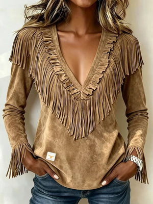 blouse in tan featuring fringed and regular fit