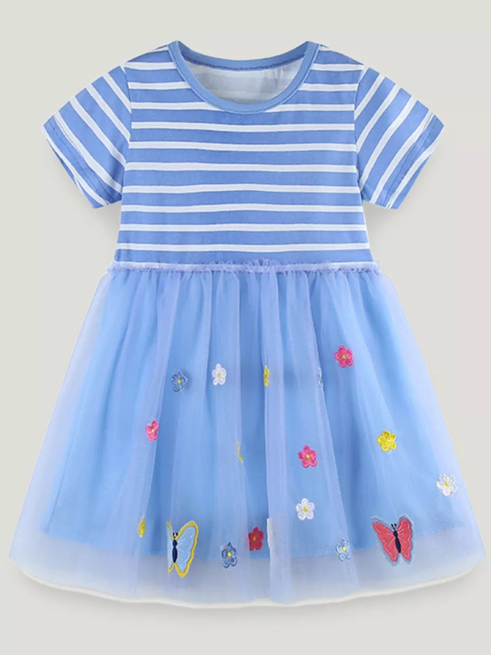 Baby blue striped dress with tulle skirt and butterfly appliques