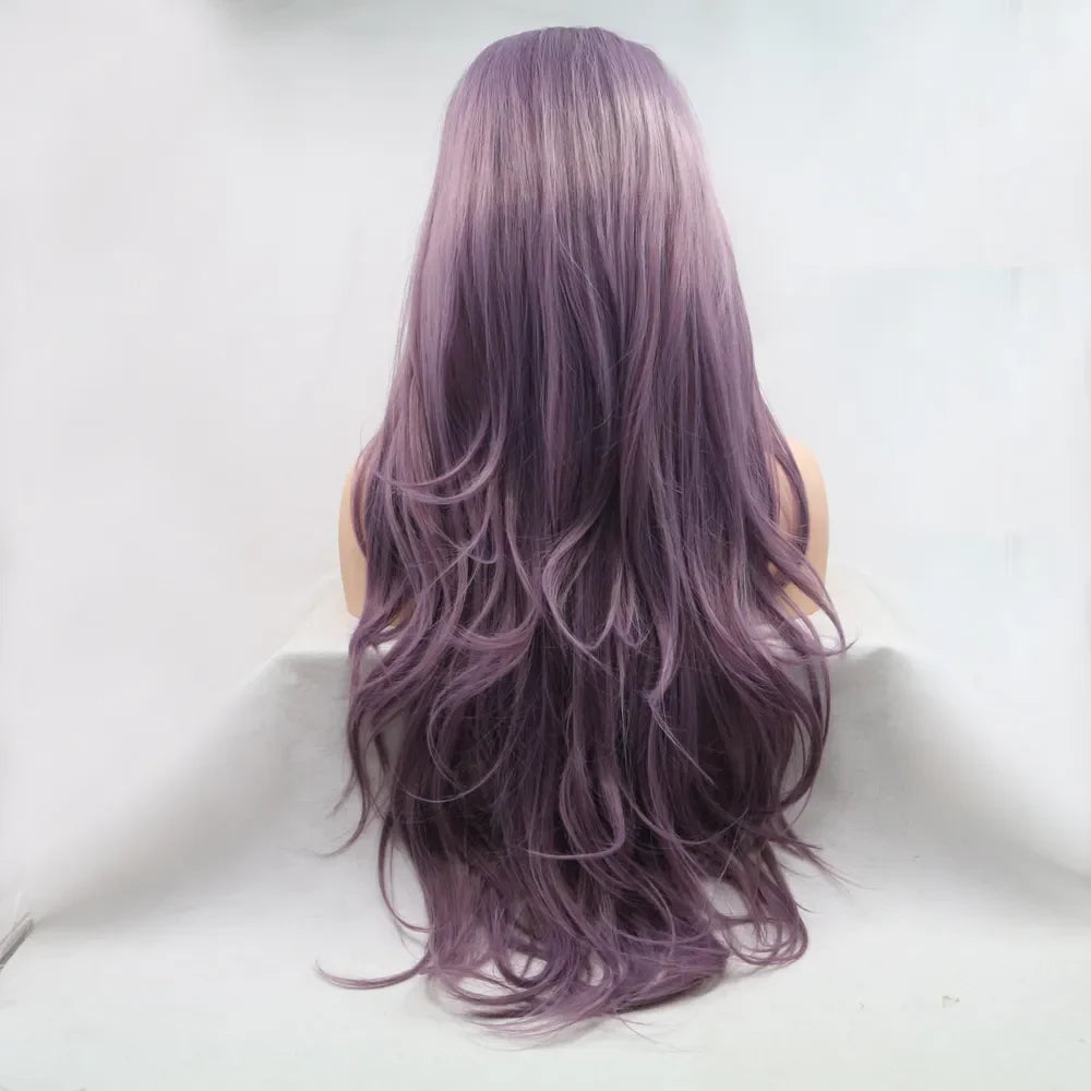 Lavender ombre lace front wig with flowing layers and a soft purple hue.