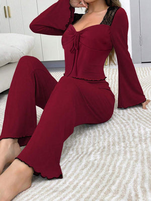 Lace Detail Flare Sleeves Lounge Set in mauve with lace detail