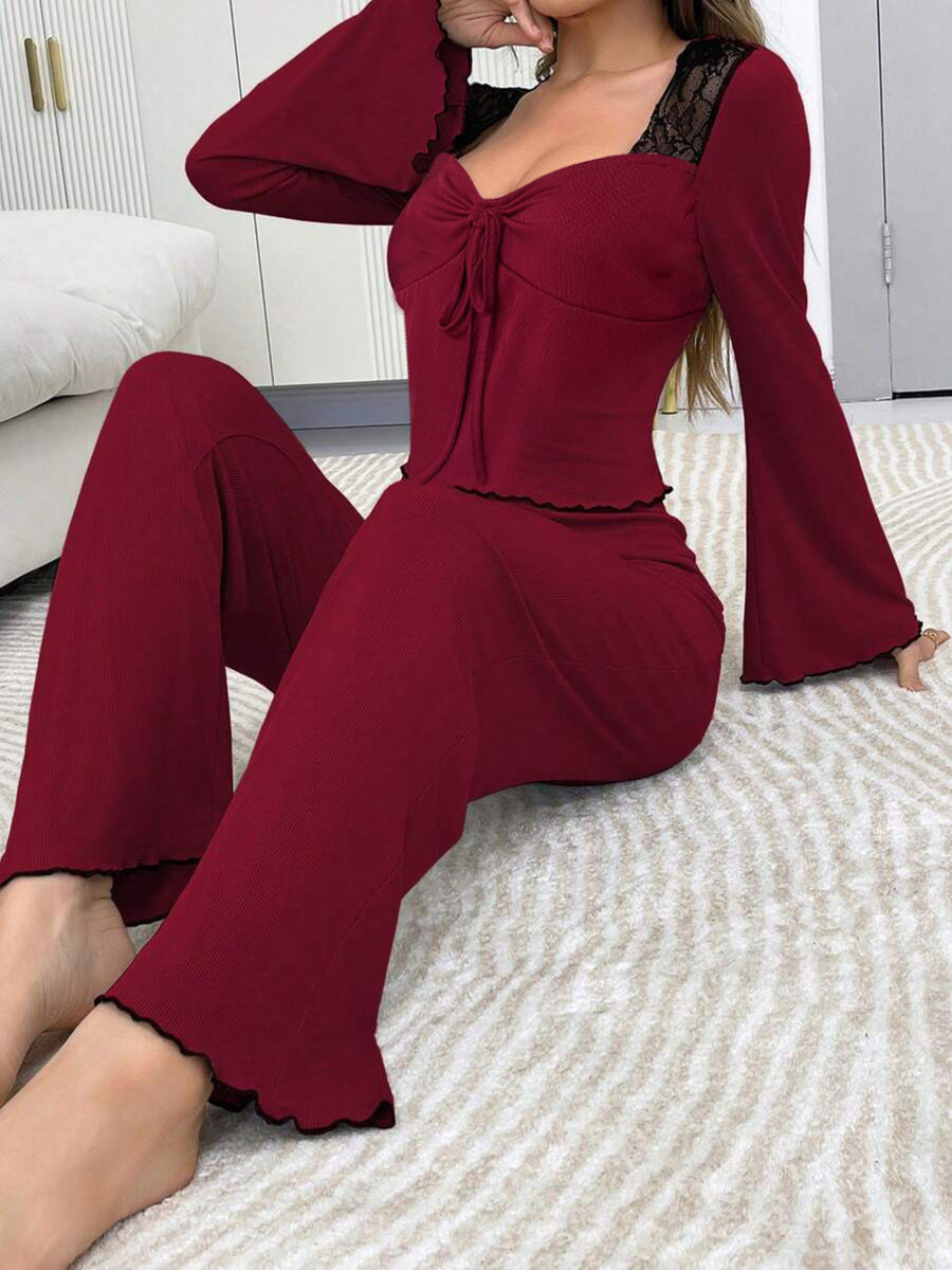 Lace Detail Flare Sleeves Lounge Set in mauve with lace detail