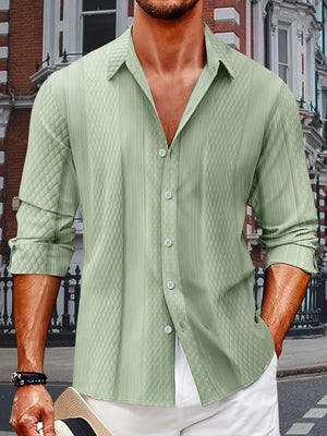 Sage green textured quilted panel shirt with relaxed fit and button front.
