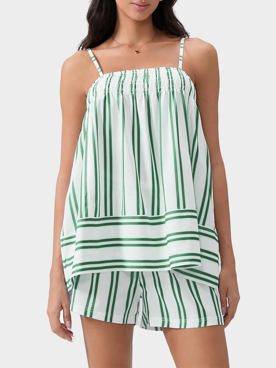 White and green striped smocked cami and shorts set with square neckline.
