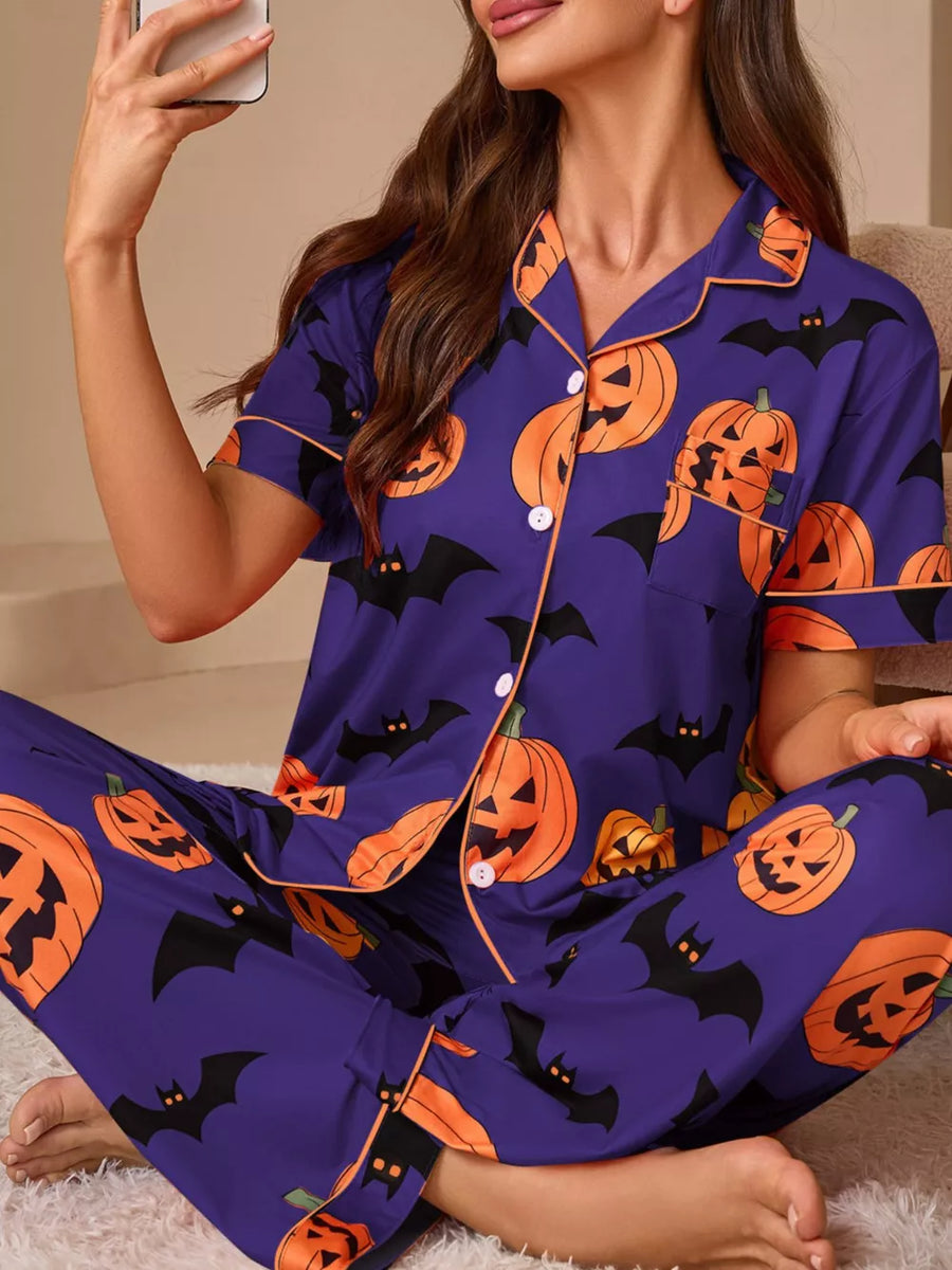 Halloween Pumpkin And Bat Print Button-down Lounge Set in Black with buttoned