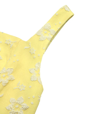 light yellow A-line dress and cardigan set with square neck