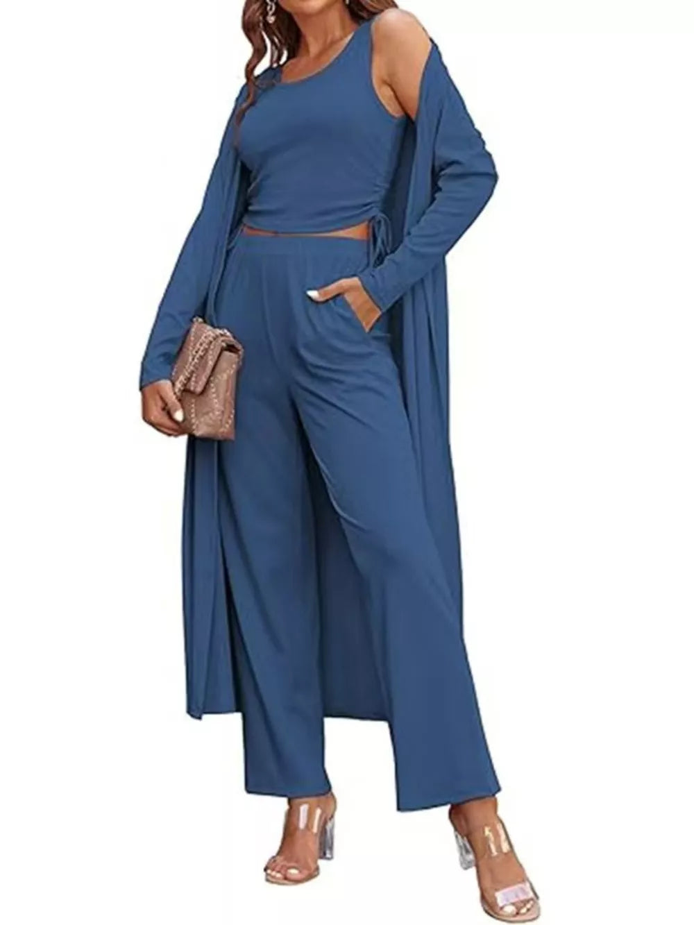 Round Neck Tank Cardigan Pants Set, view 12