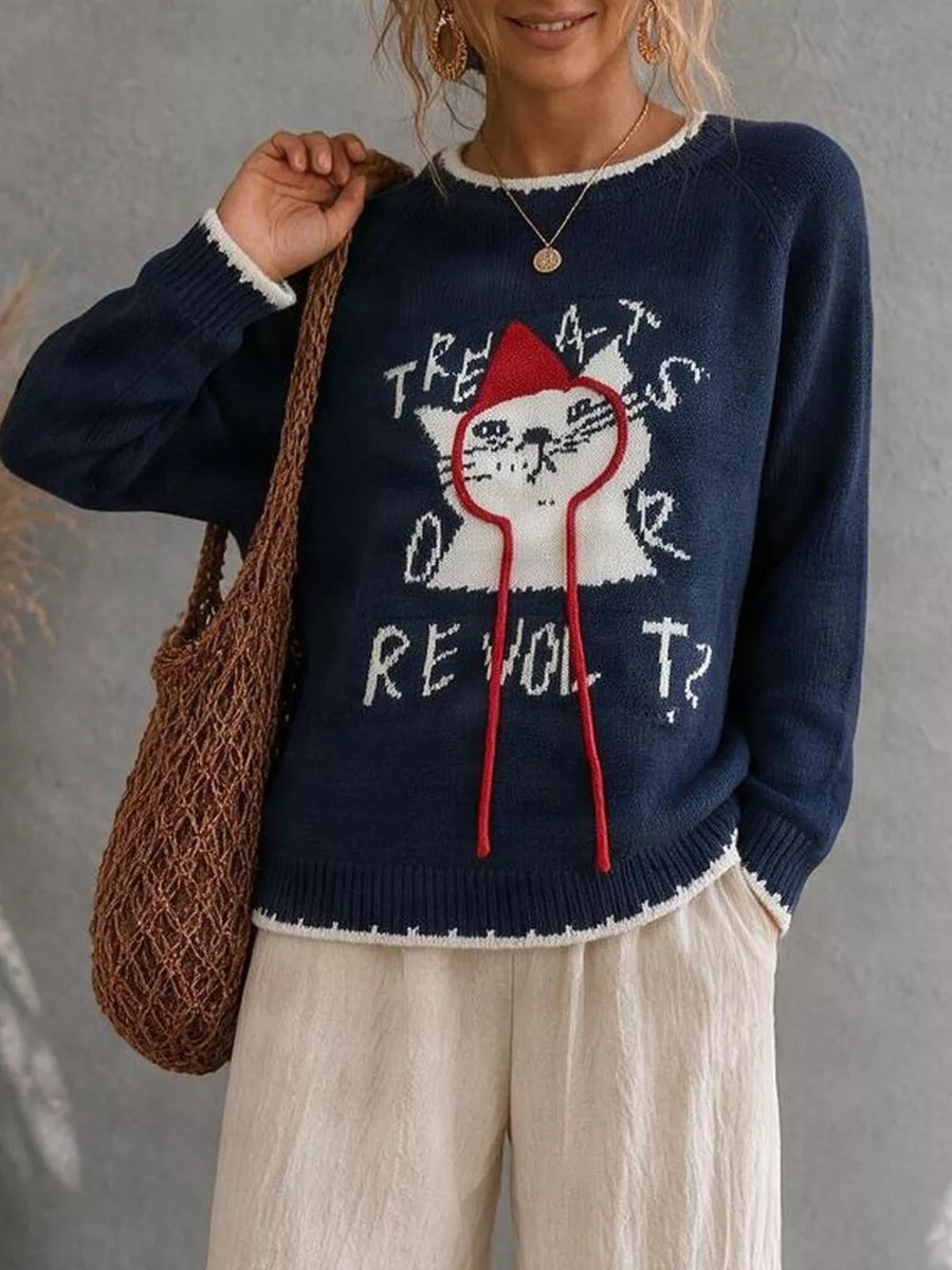 navy blue pullover sweater with graphic-print and crew neck