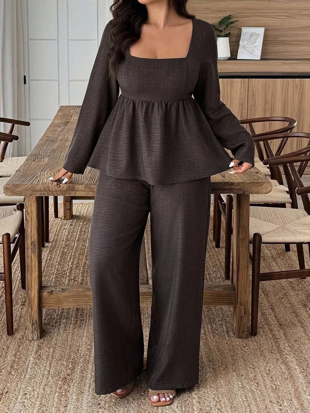 Dark brown ruched two-piece set with square neck top and wide-leg pants