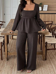 Dark brown ruched two-piece set with square neck top and wide-leg pants
