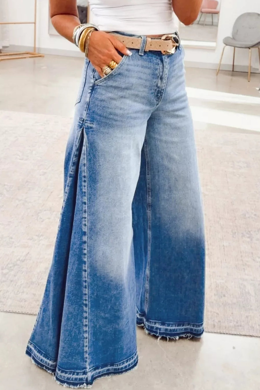 Side Seam Gathering Flare Leg Jeans option 4