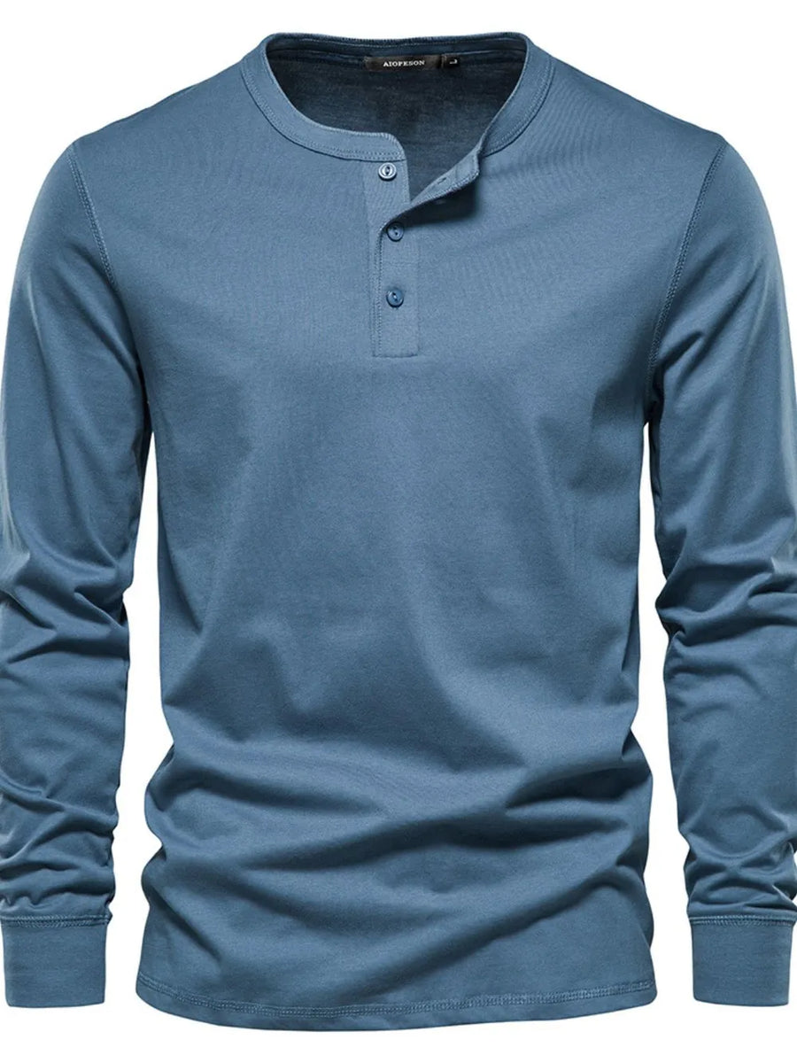 Peacock Blue Henley Knit Long Sleeve Tee with button placket
