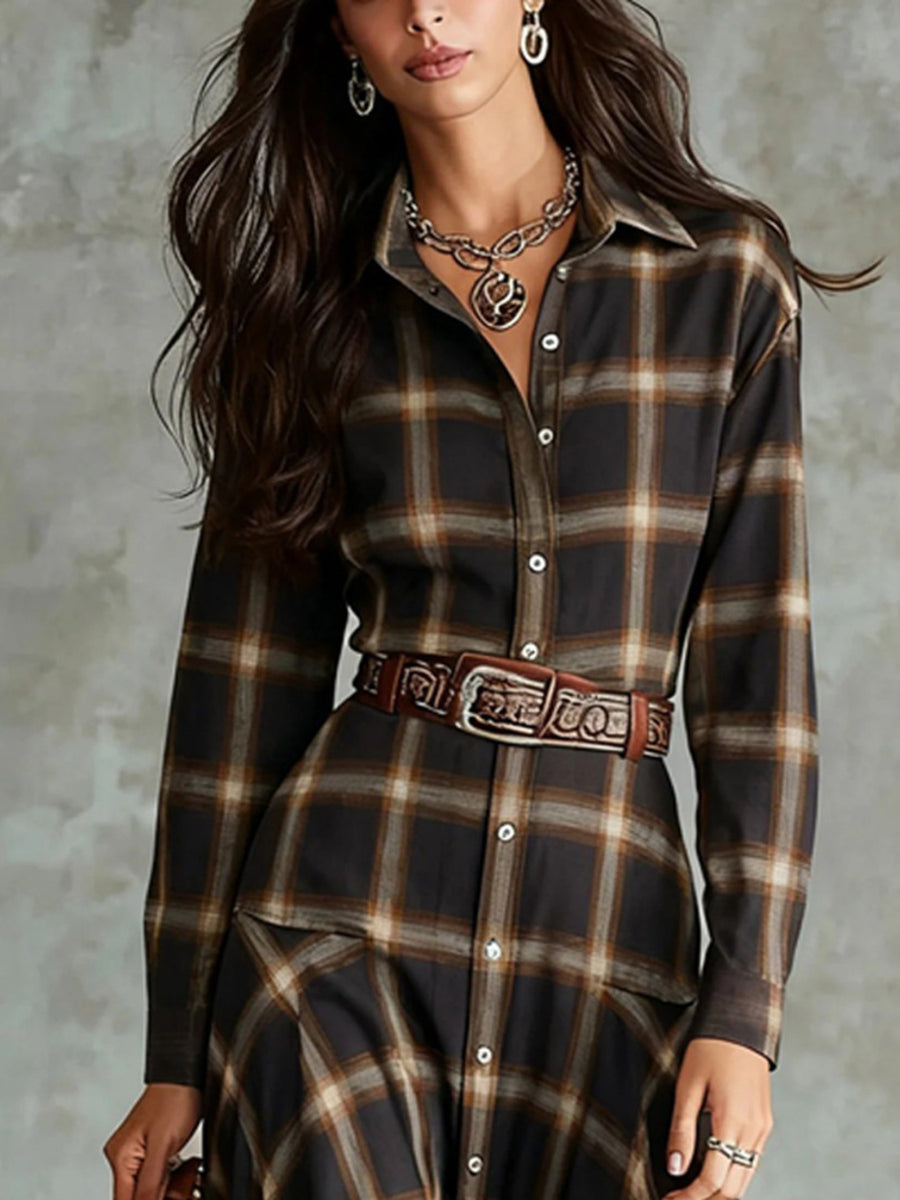 shirt dress in tan with plaid and buttoned