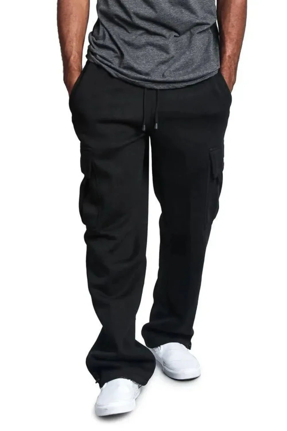 Black fleece cargo lounge trousers with drawstring waist and side pockets.