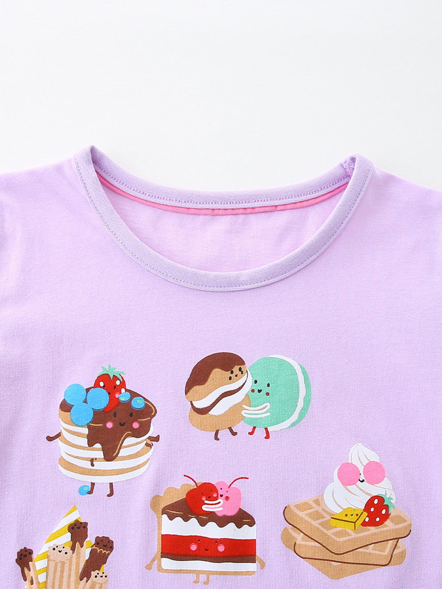 Lavender cotton t-shirt with cute dessert prints, round neckline
