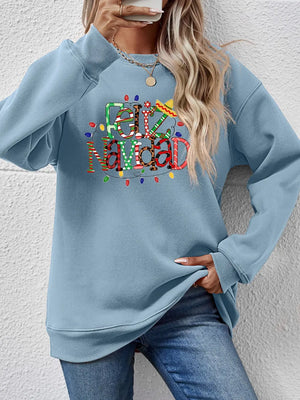 Misty Blue graphic sweatshirt with Feliz Navidad text and festive lights.