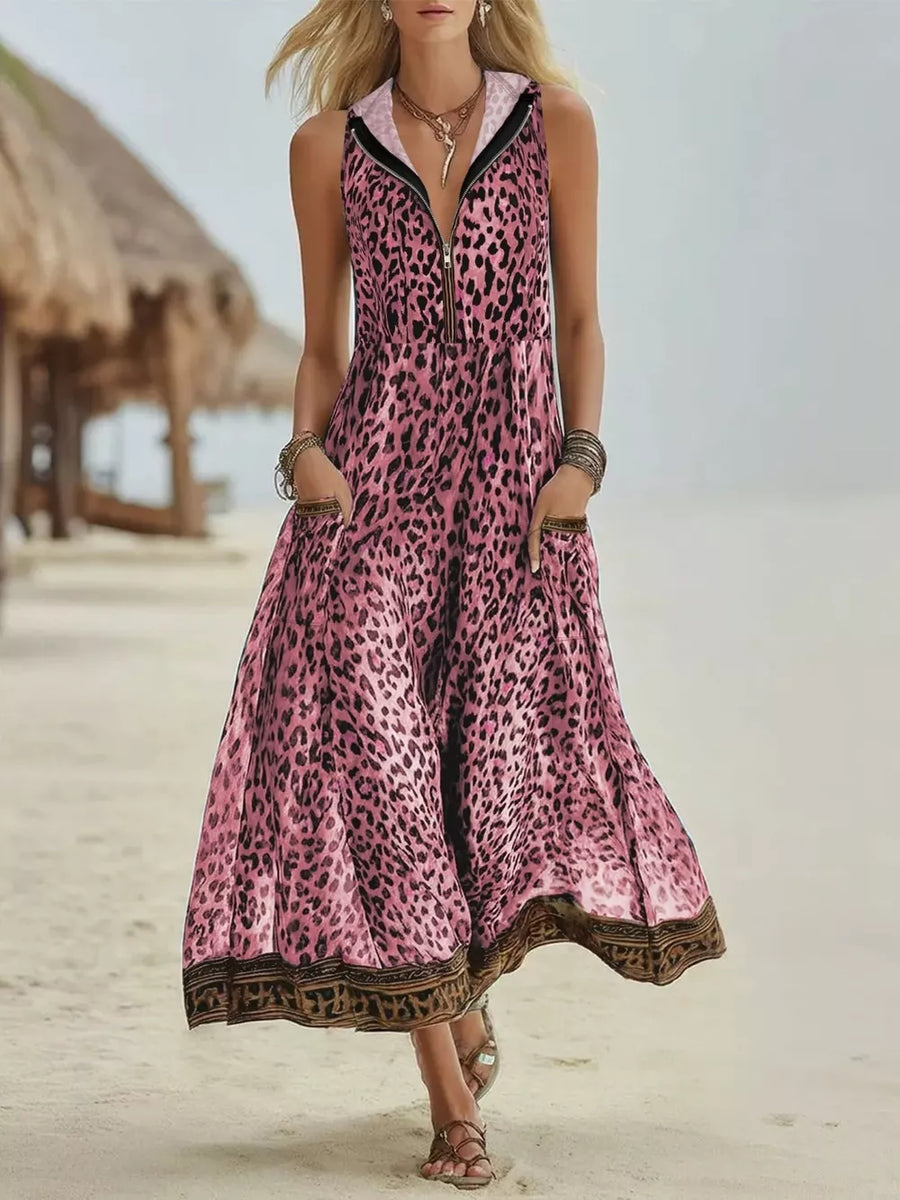 pink maxi dress with leopard and hooded