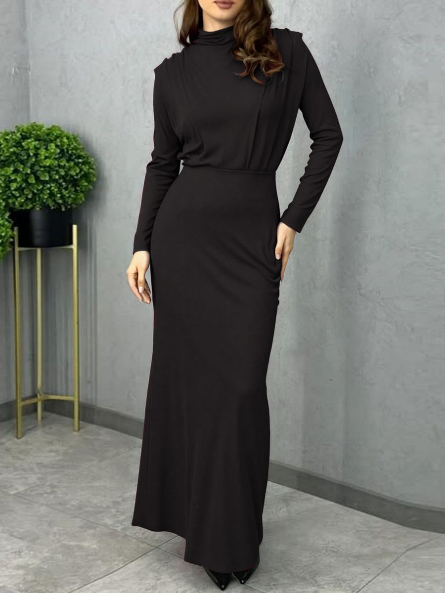 Black mock neck maxi dress with long sleeves and defined waist