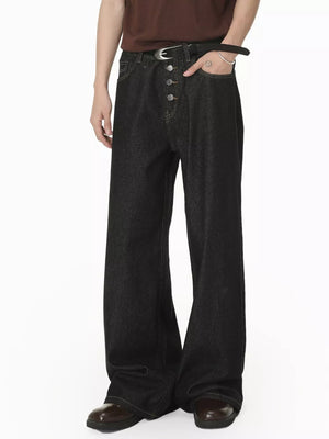 Relaxed fit dark wash denim jeans with button fly and wide leg